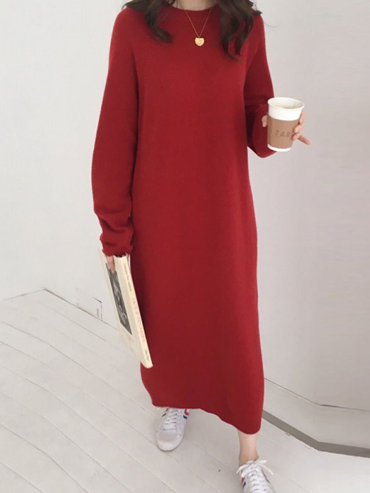 Korean autumn chic style, lazy and solid color loose round neck long simple sweater skirt
