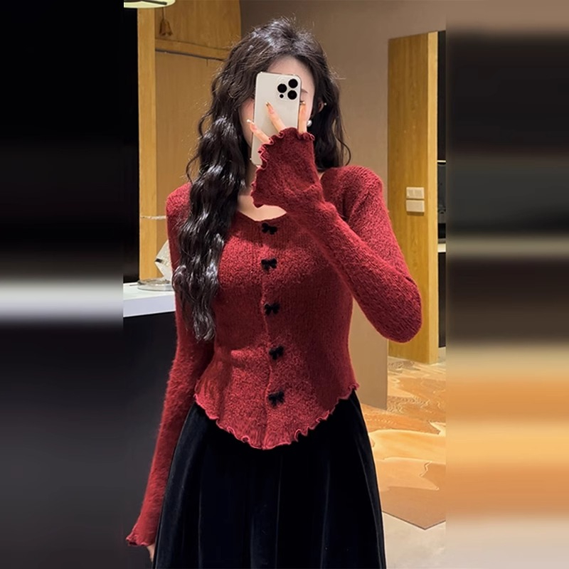 Sheep wool 2024 new winter new year bow design knitted sweater cardigan top
