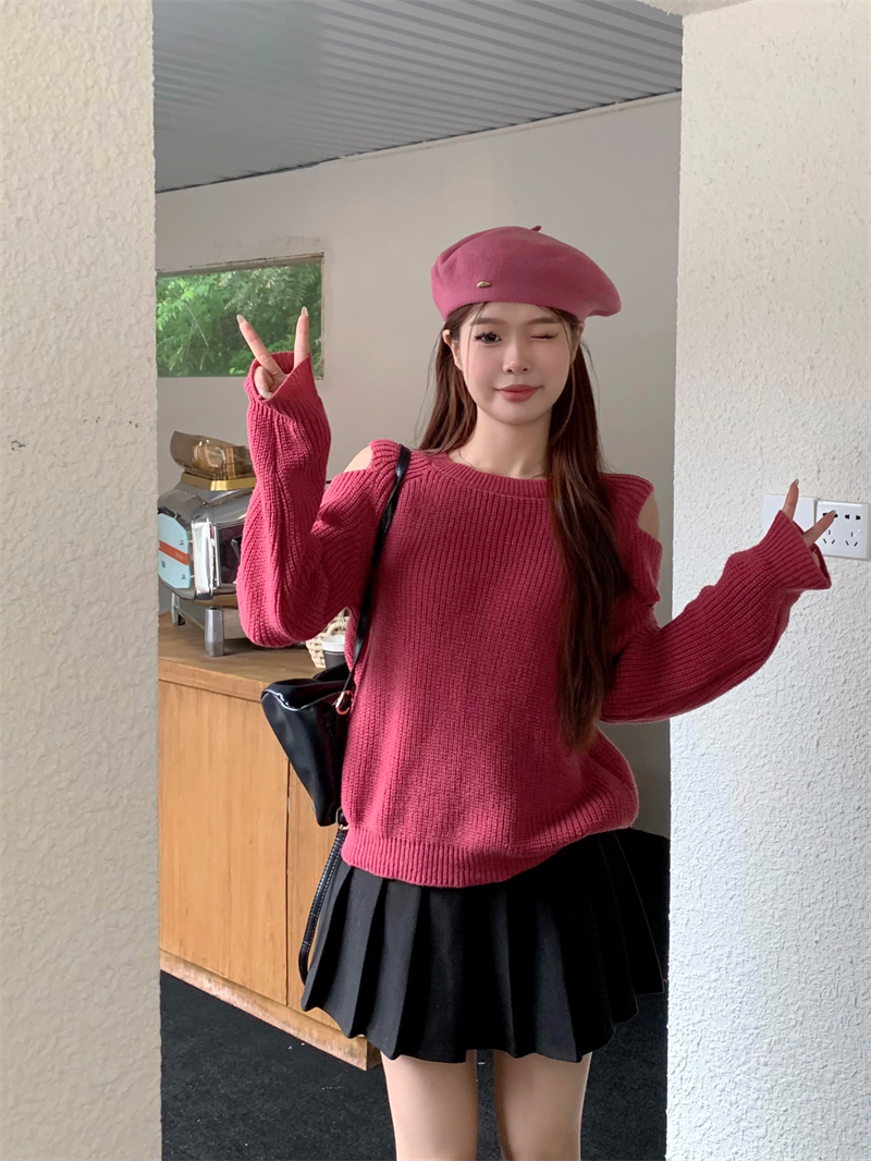 實拍 秋冬新品設計感破洞袖子減齡純色長袖圓領針織毛衣打底