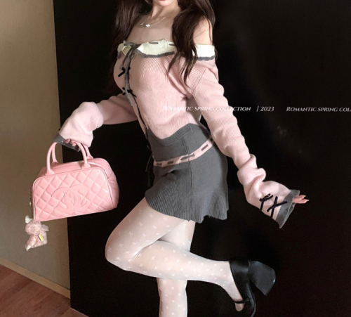 2024 Knitted Sweater Autumn Pink One-shoulder Strap Long-Sleeved Wool Knitted Sweater Top Two-piece Set
