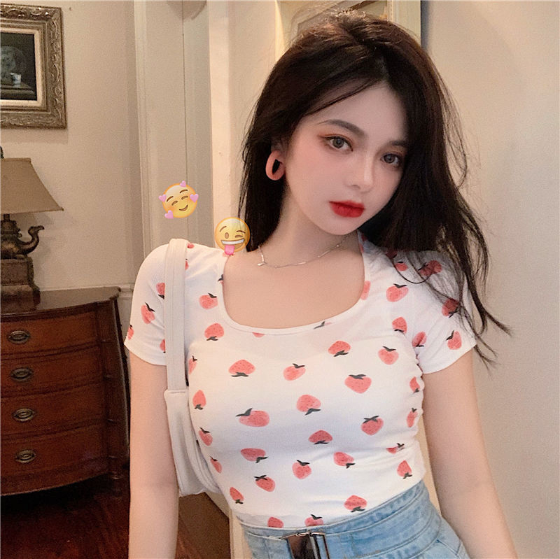 2024 hot girl sexy square neck short t-shirt for women summer