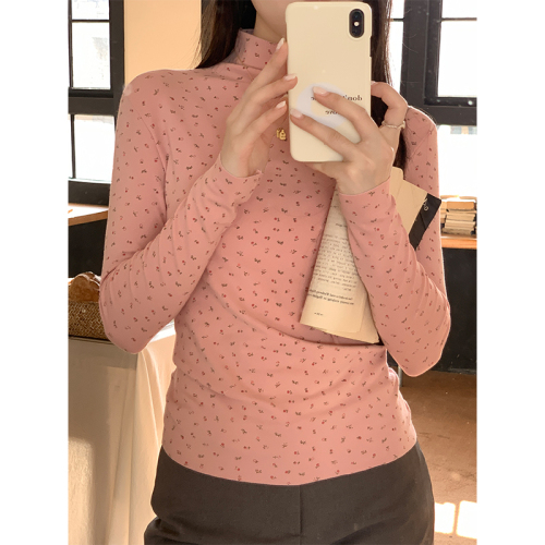Actual shot of small floral fresh high-neck long-sleeved sweater for women winter velvet thickened slim bottoming shirt versatile top