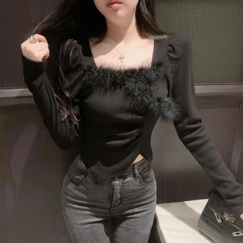 Furry square collar high-end irregular slim-fitting top with design sense bottoming shirt for women