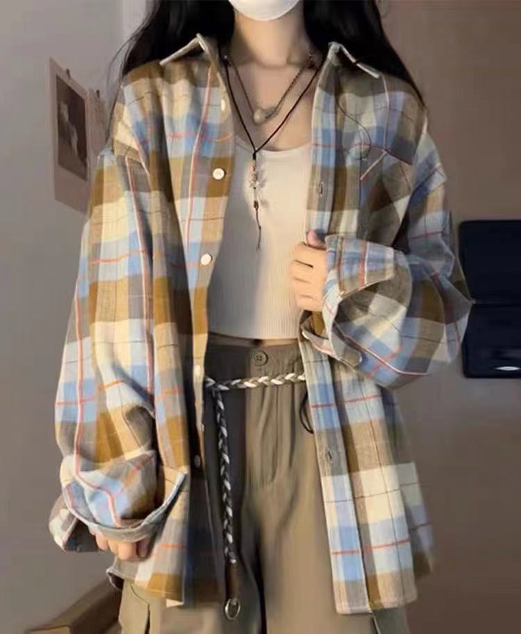 美式咖色格子襯衫女秋季新款小眾設計感襯衣外套休閒寬鬆長袖上衣