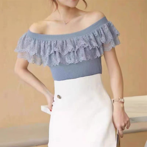 Ladies off-shoulder one-word collar short-sleeved sweater for women summer new style lace splicing ruffled top