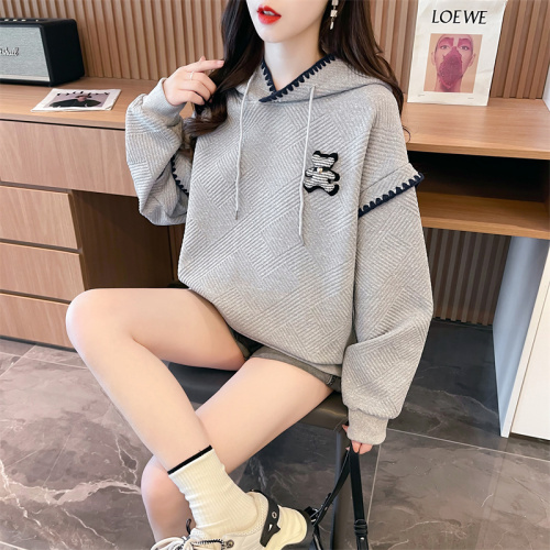 First real shot of hooded 315g Chinese cotton jacquard CVC thread Korean style contrasting color thin long-sleeved sweatshirt for women