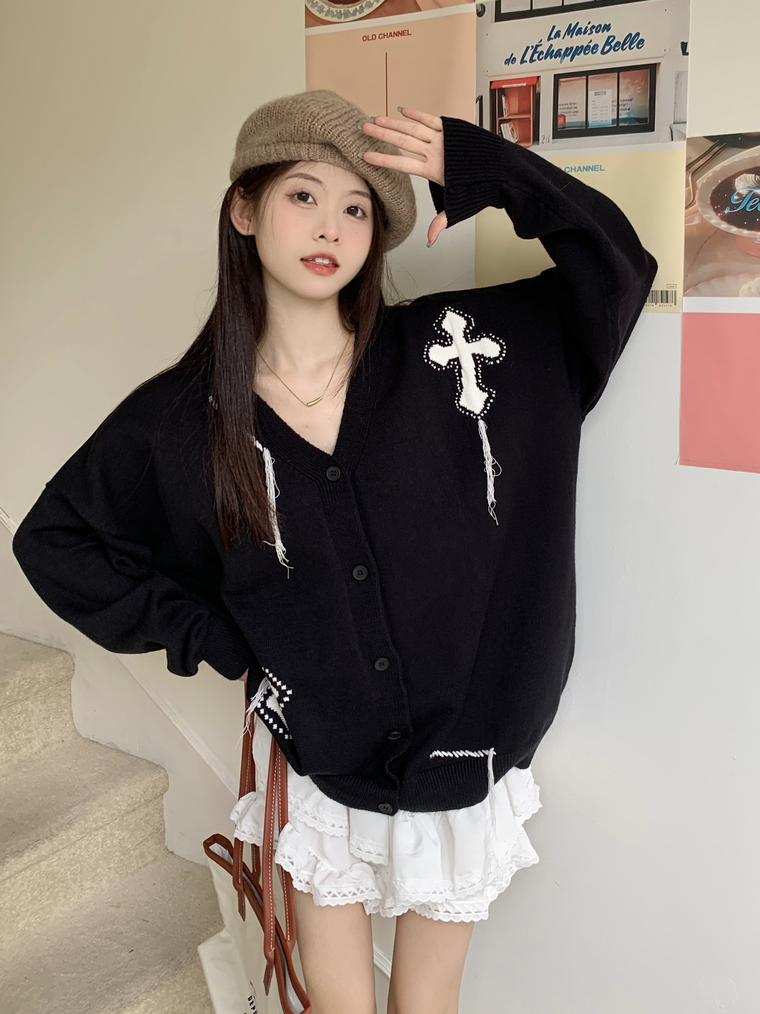實拍  日系復古流蘇開衫毛衣女氣質高級感慵懶黑色外套