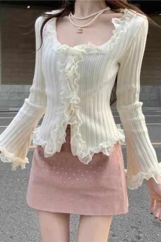 Actual shot of spring new style~French style pure lust style slim long-sleeved lace fungus-edged knitted cardigan
