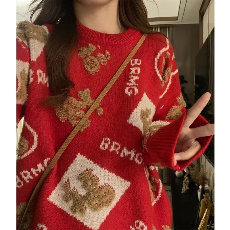 龍年本命年紅色慵懶風毛衣女秋冬新年衣服卡通減齡百搭針織衫