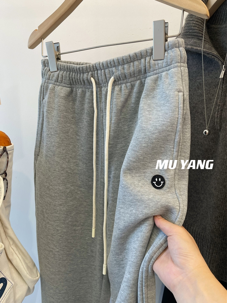 華棉複合超柔韓國高品質加絨加厚保暖刺繡笑臉休閒收口衛褲