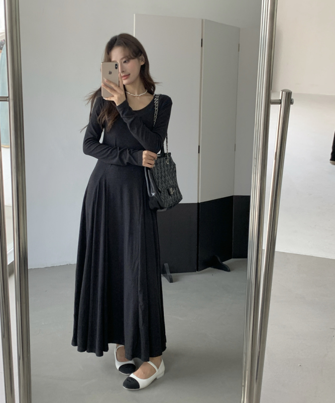 實拍！純色顯瘦A字長款磨毛連衣裙打底內搭加厚長裙女