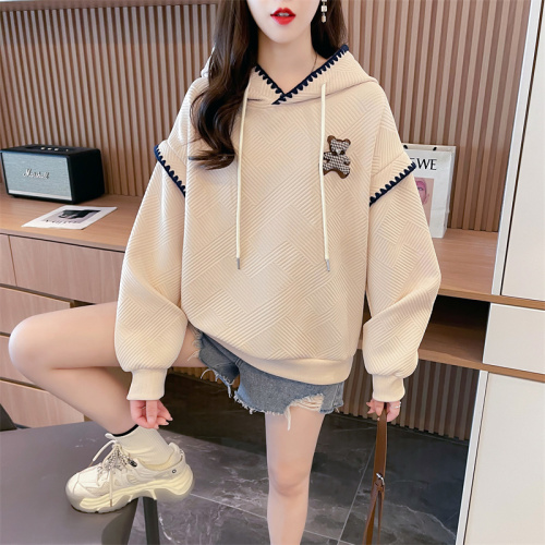 First real shot of hooded 315g Chinese cotton jacquard CVC thread Korean style contrasting color thin long-sleeved sweatshirt for women