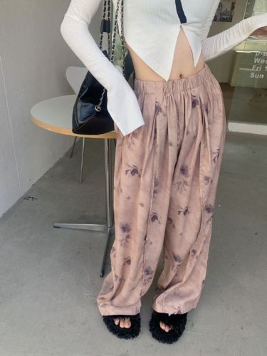 Actual shot of three standard new Chinese style ink loose, lazy wide-leg pants, high-waisted flesh-covering trousers, straight-leg pants