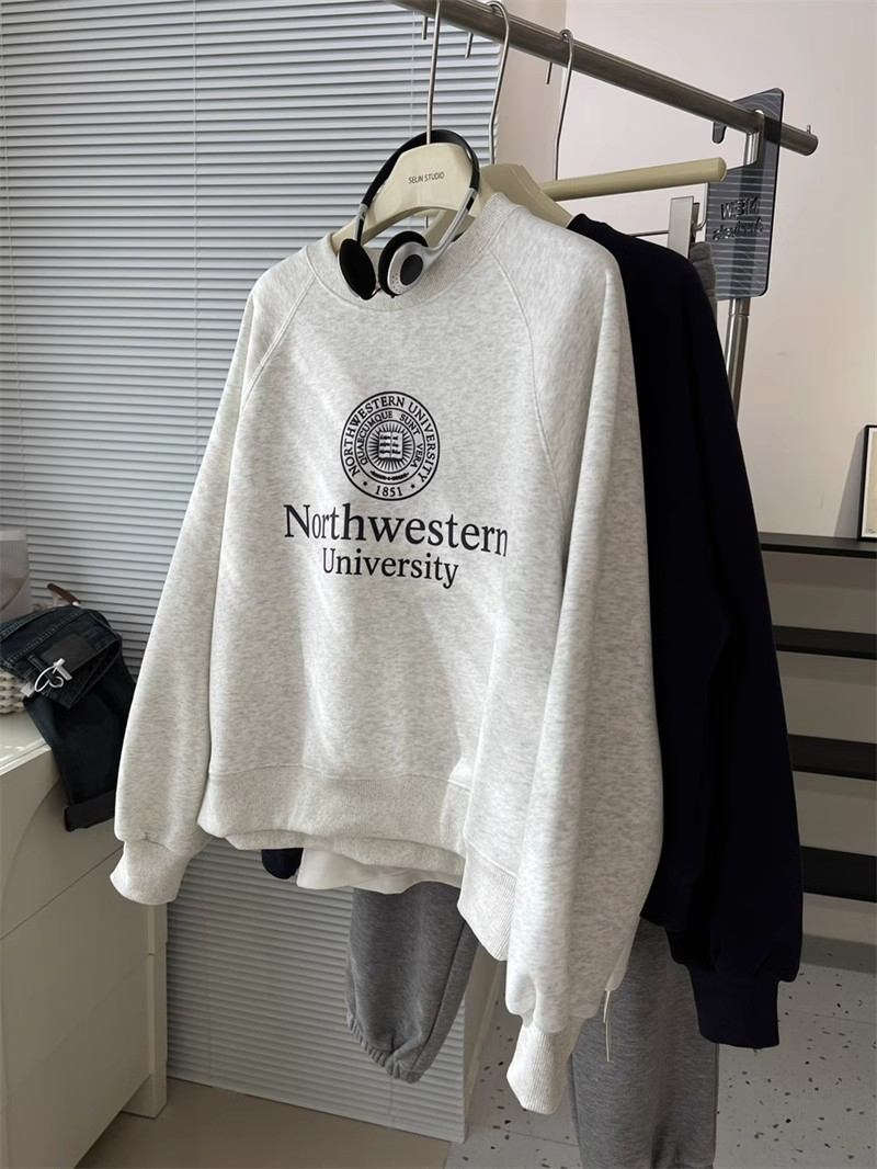 Imitation Chinese cotton composite true super autumn and winter round neck plus velvet thickening loose pullover sweatshirt for women
