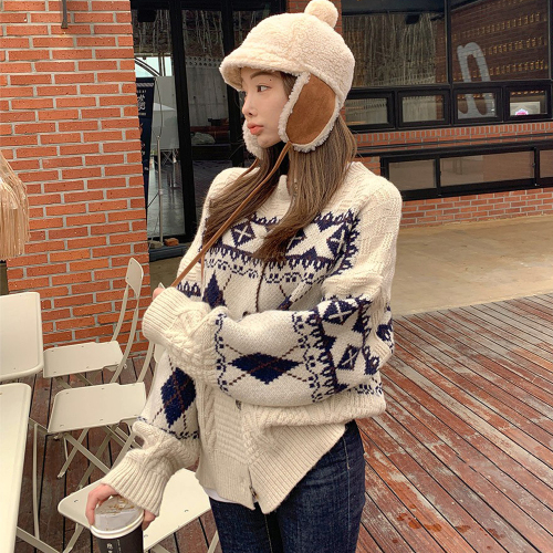 Retro jacquard forest sweater Korean style cardigan for women thickened sweater outer wear loose lazy style cardigan for women in autumn and winter