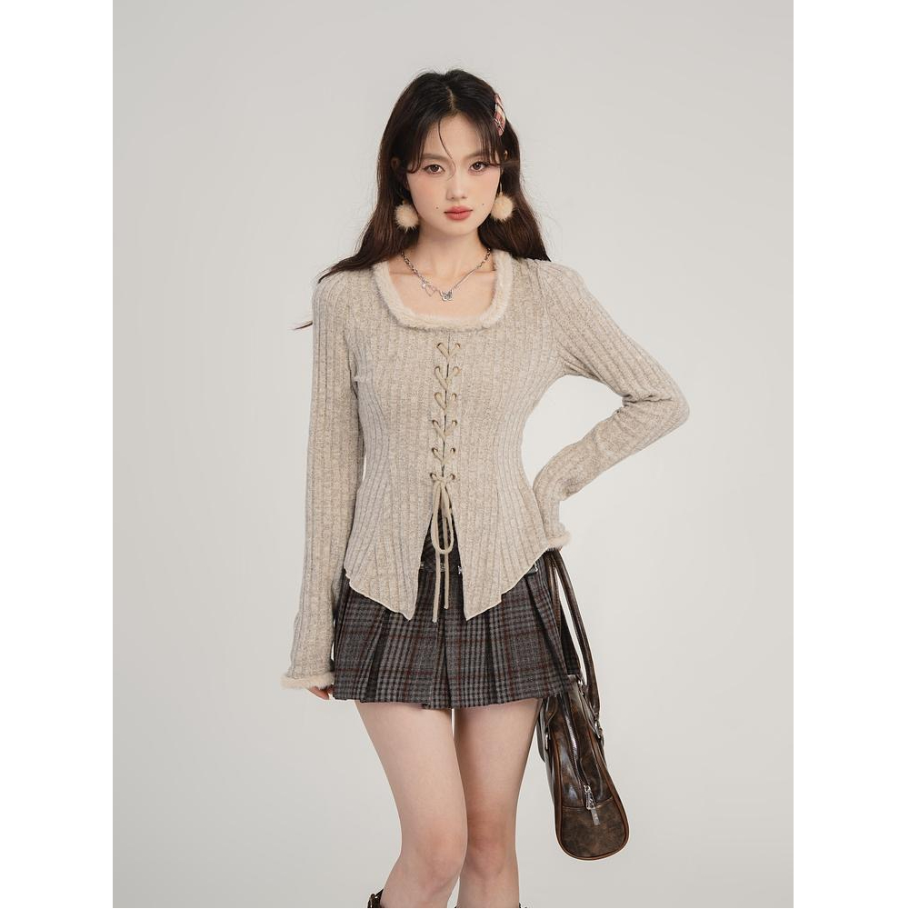 LOVEHEYNEW strappy spliced ​​raw edge sweater for women in spring and autumn thin style new hot girl slimming inner top