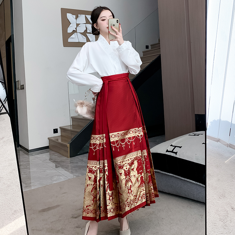 實拍漢服女金鳳凰訂婚禮服新中式紅色馬面裙日常套裝漢服女敬酒服