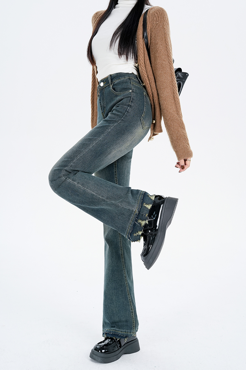 Actual shot ~ blue bootcut jeans for women, new autumn splicing raw edge high waist slimming long pants