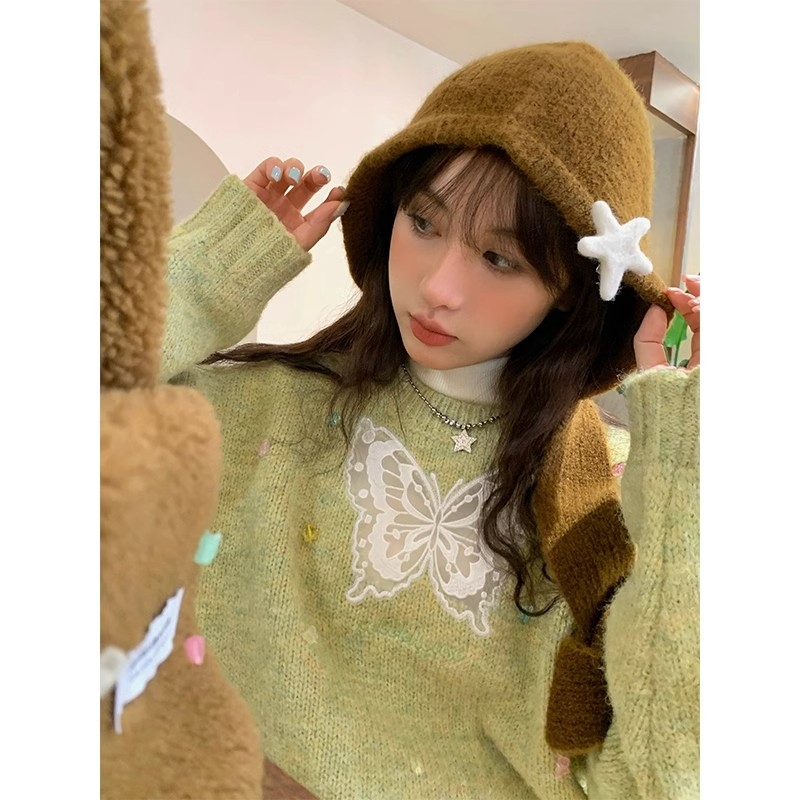 CCKOK lace butterfly twist knitted sweater autumn and winter niche design thickened bottoming shirt for girls to wear outside