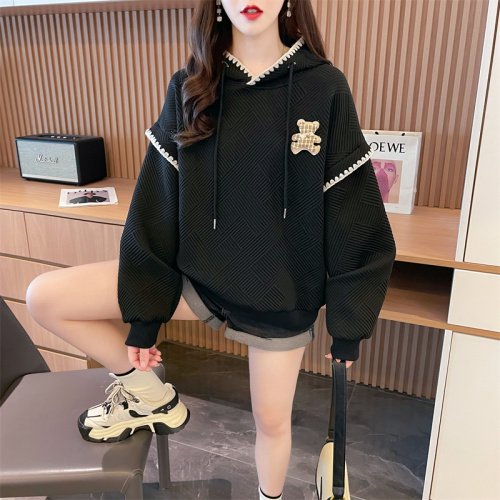 First real shot of hooded 315g Chinese cotton jacquard CVC thread Korean style contrasting color thin long-sleeved sweatshirt for women