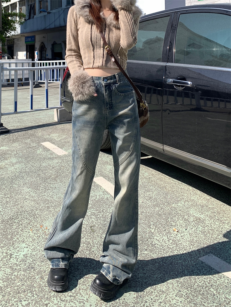 Real shot!  Retro high waist retro flare simple unisex jeans women's slim slim straight trousers