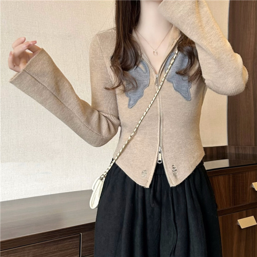 Real shot~New casual and versatile double zipper design butterfly distressed hooded cardigan sweater