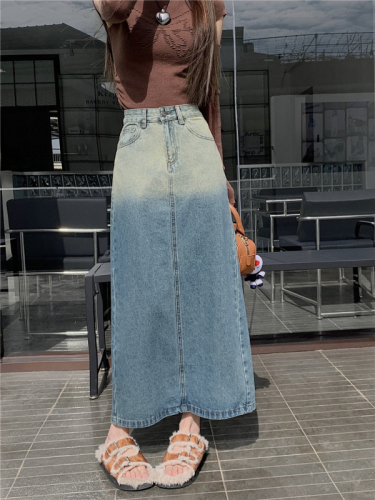 Actual shot ~ New design gradient color high waist slit niche denim A-line skirt for women