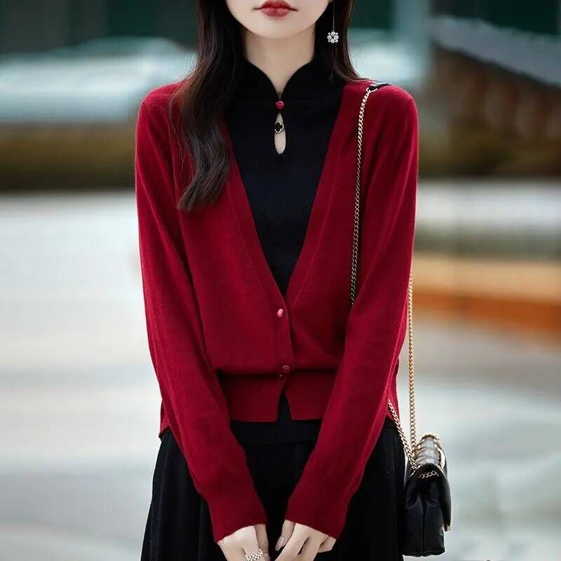 037-9372 Retro fake two-piece national style design knitted sweater for women