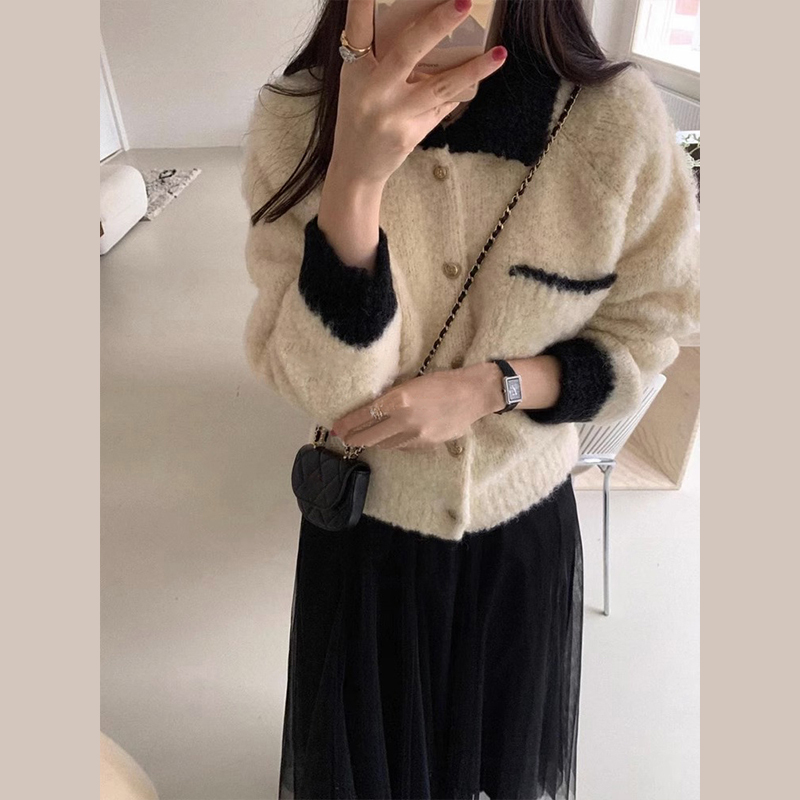 費爾島翻領黑色針織開衫上衣設計感短款毛衣外套女2024新款秋冬季