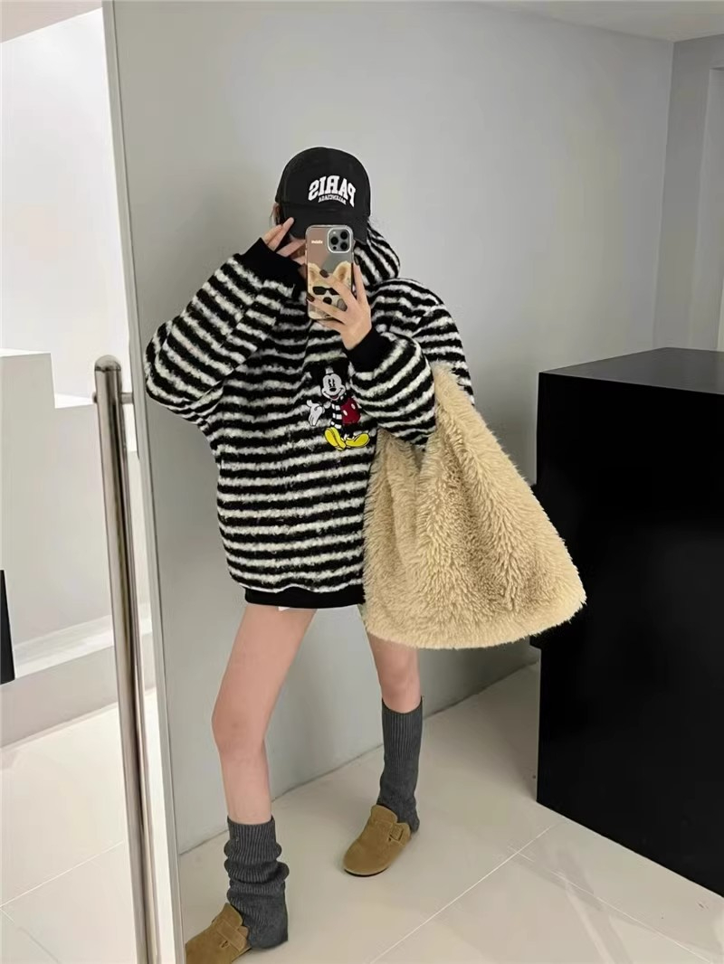 Original quality composite true super winter embroidered striped hooded plus velvet and thickened lamb wool sweatshirt