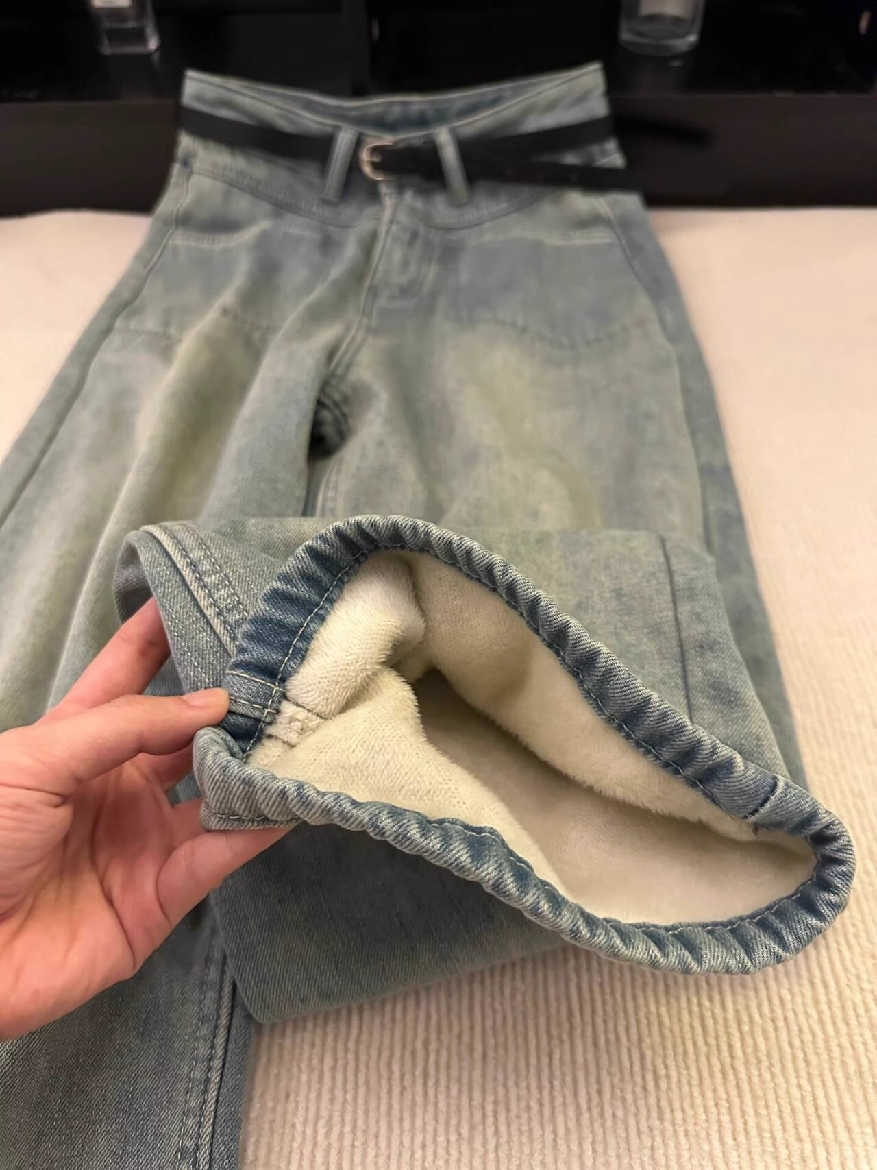 軟糯加絨加厚復古藍色直筒牛仔褲女秋冬垂感寬鬆顯瘦高腰闊腿褲子