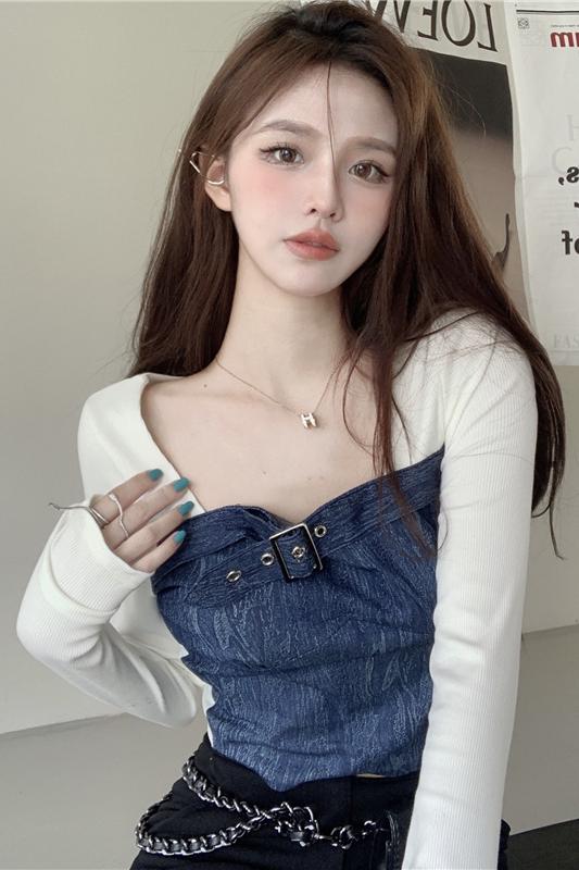 Chic sweet and spicy splicing long-sleeved fake two-piece bottoming shirt for women spring unique design niche pure desire short top
