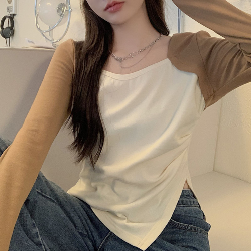 Irregular slit bottoming shirt for women in spring and autumn plus size niche versatile design long-sleeved T-shirt hot girl square neck top