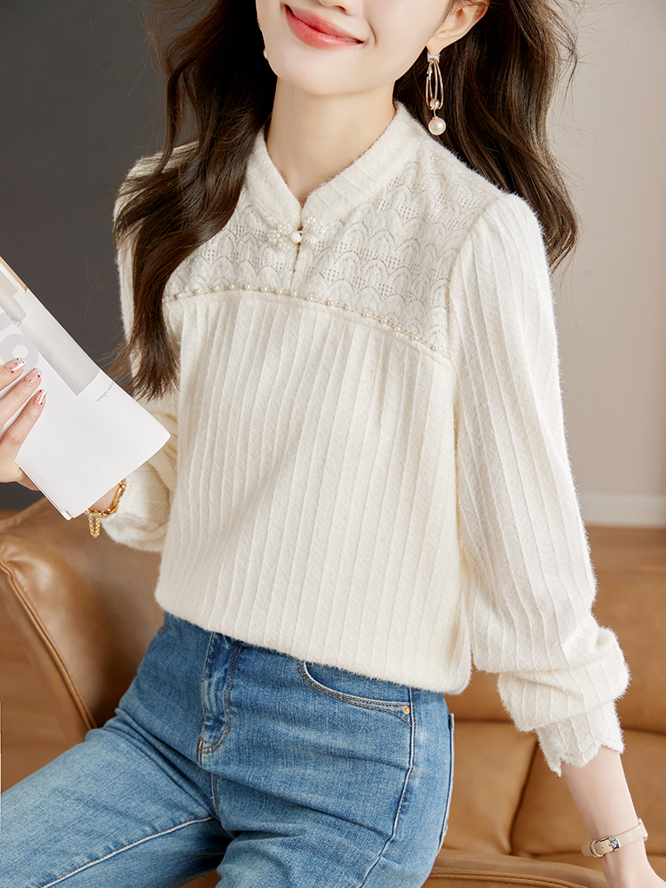 新中式上衣女2024春季新款長袖蕾絲打底衫盤扣復古米白色襯衫