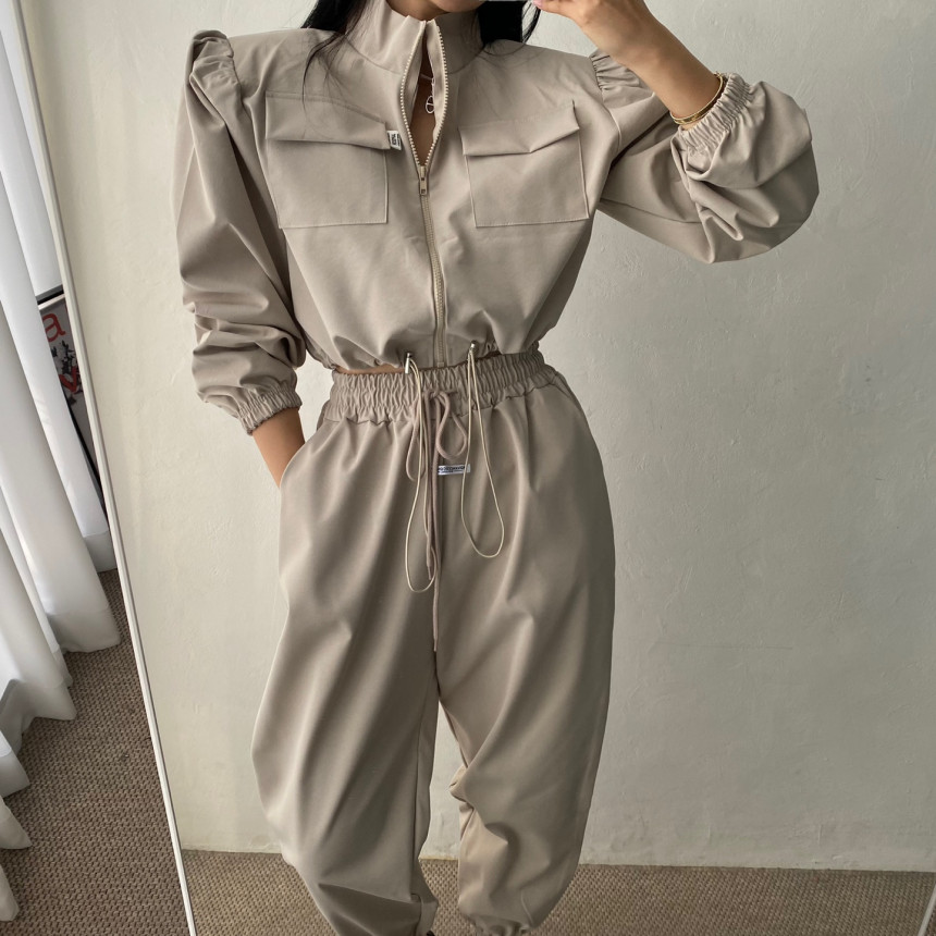 Original short stand-collar long-sleeved jacket + casual long pants two-piece suit for women
