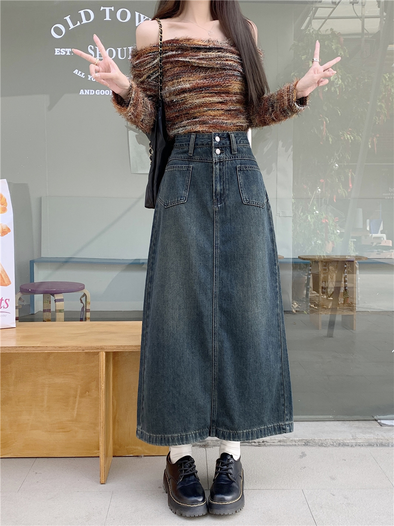 實拍~新款復古高腰開叉牛仔裙女寬鬆顯瘦百搭a字中長款半身裙