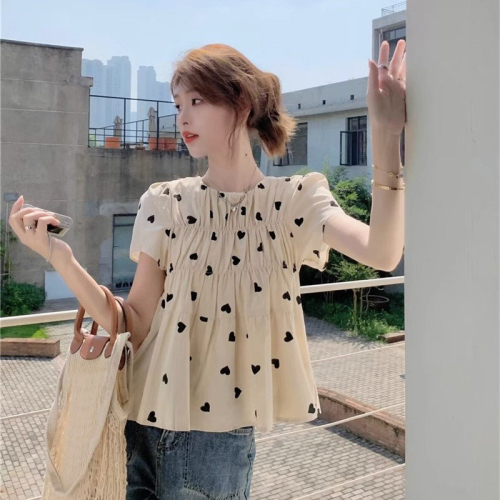 Summer 2024 new style French casual loose pleated top design niche printed short-sleeved shirt for women
