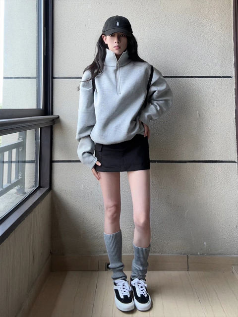 美式復古polo立領半拉鏈衛衣女寬鬆慵懶oversize韓系chic春秋上衣