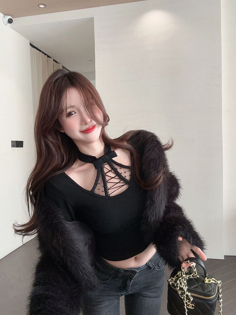 Real shot!  Designed halter neck bow slim bottoming shirt for women with slimming top 2393