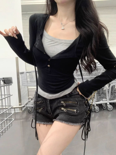 Korean style slim-fit contrasting fake two-piece design early spring pure cotton inner long-sleeved women's T-shirt top