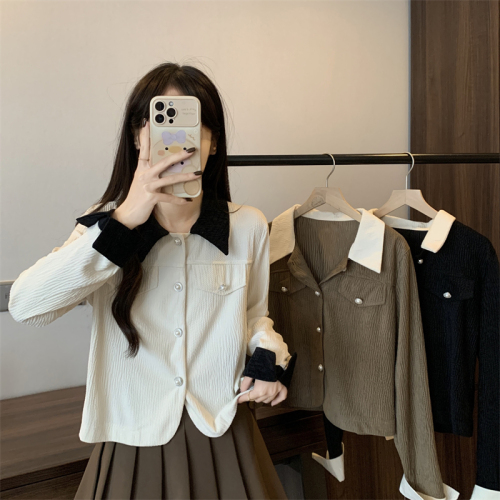 Actual shot of new Korean style autumn and winter retro corduroy all-match short jacket tops for women