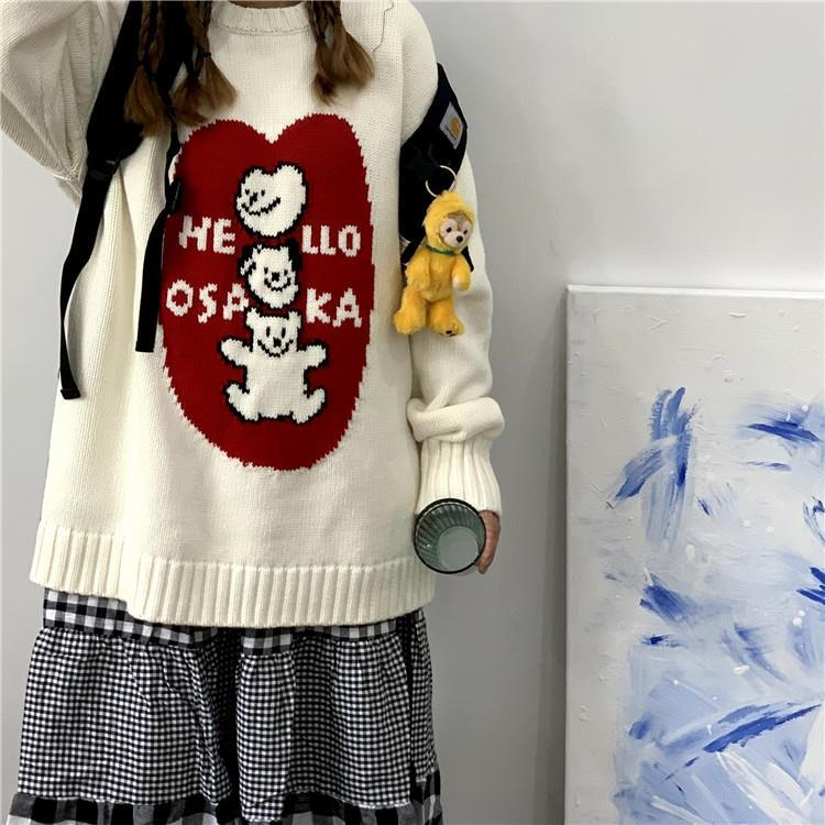 慵懶白色卡通毛衣女秋冬新款復古寬鬆套頭加厚打底針織衫外穿