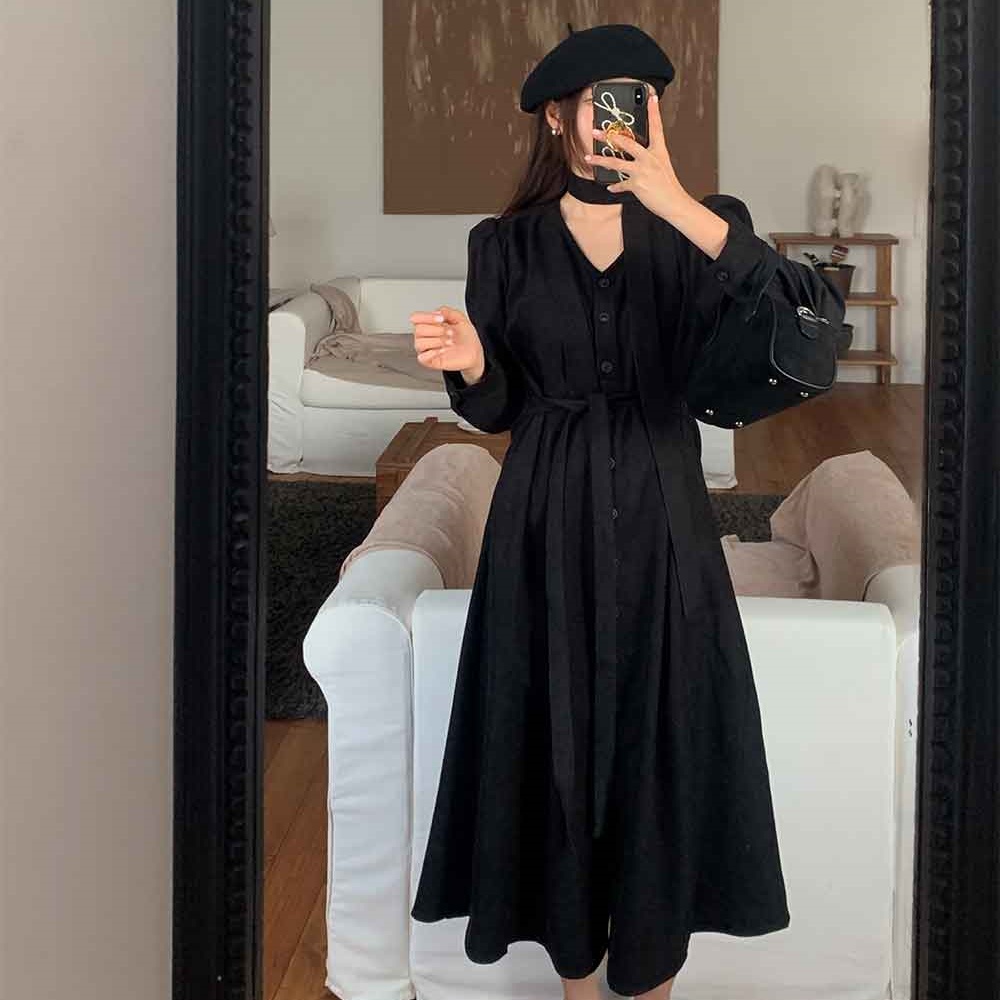 South Korea's Dongdaemun French-style V-neck bow tie single-breasted lace-up waist slimming long-sleeved dress