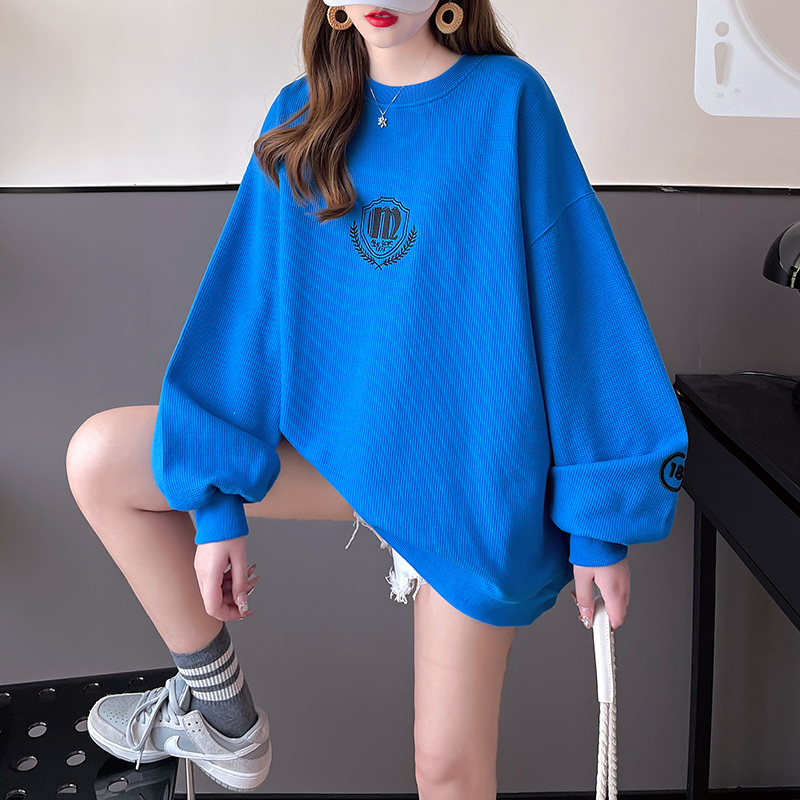 實拍-2024春裝華夫格後包領刺繡字母大碼女裝薄款衛衣女