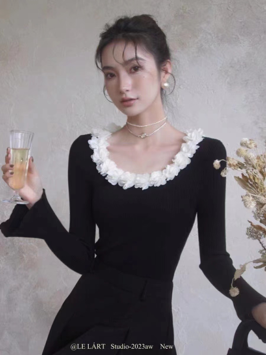 LELART女秋設計感小眾高級感氣質甜美立體花朵針織衫法式優雅上衣