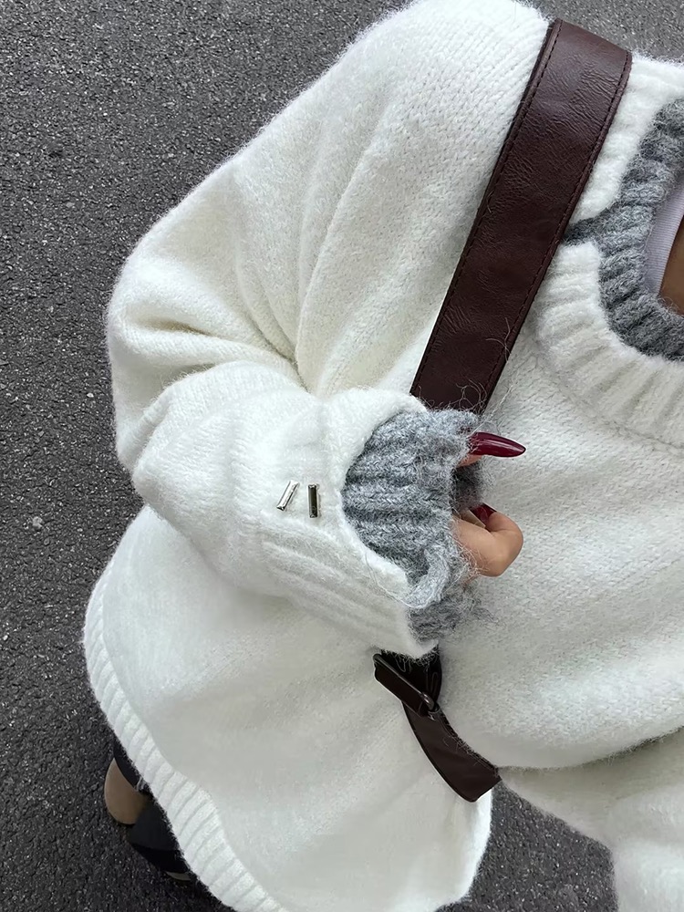 慵懶風圓領長袖套頭毛衣女冬季設計感情侶款做舊破洞寬鬆針織上衣