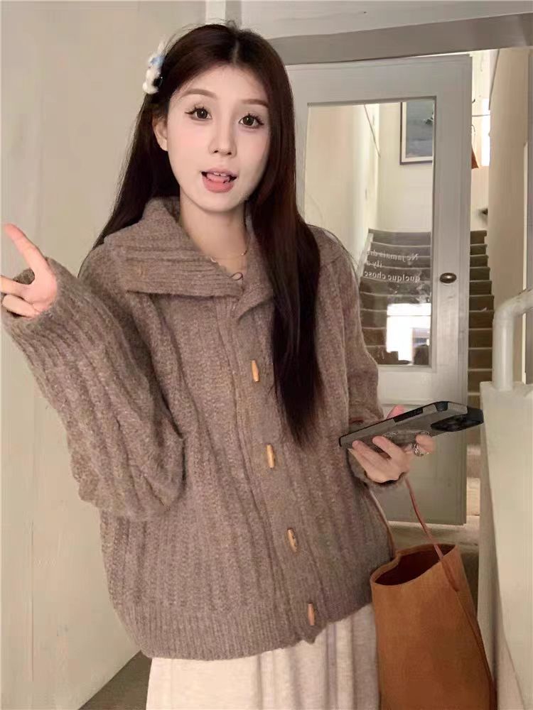 港風chic立領牛角扣毛衣外套女冬季加厚復古慵懶寬鬆百搭針織開衫