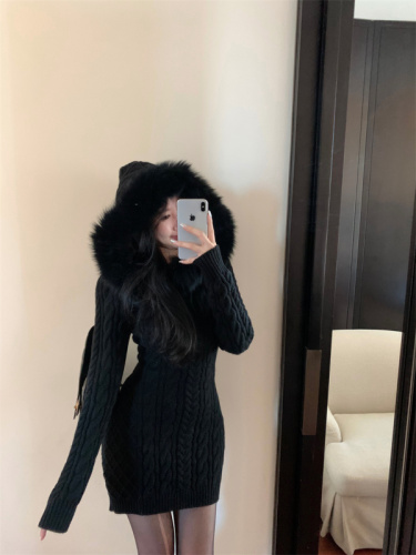 Actual shot of beautiful furry hooded woolen dress for New Year's Eve in early spring