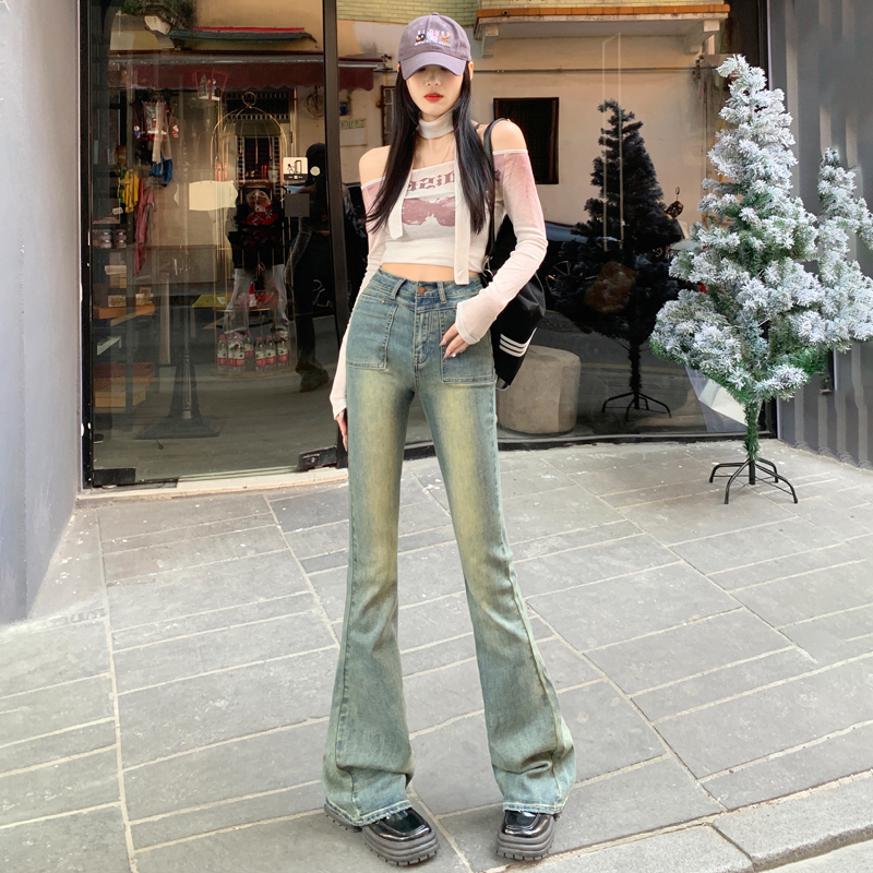 實拍~2024年新款微喇美式牛仔褲女高腰顯瘦辣妹馬蹄喇叭褲子