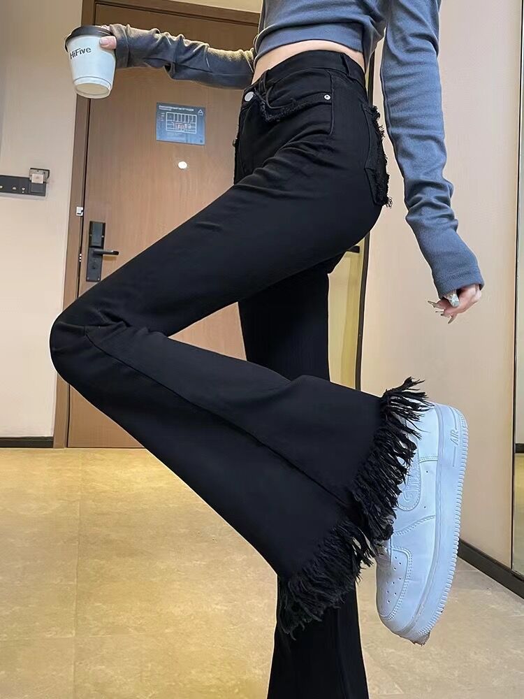 毛邊流蘇黑色微喇牛仔褲女高腰修身辣妹年新款春裝喇叭馬蹄褲
